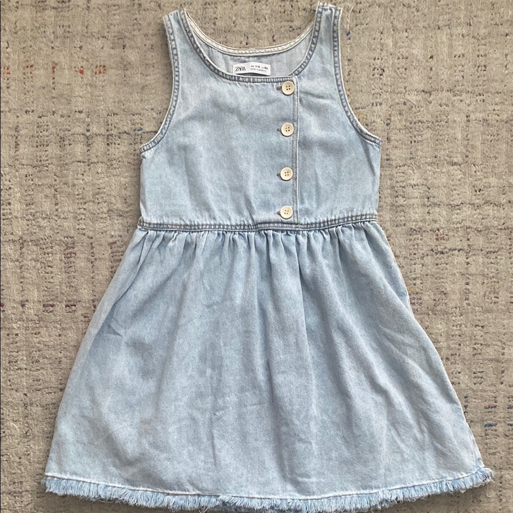 Zara Kids light Blue Jean Denim button fringe detail Dress size 11/12